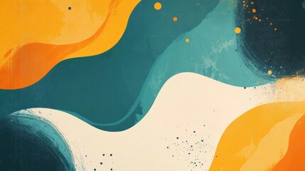 Abstract art with orange, teal, and beige fluid shapes.
