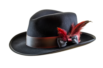 Stylish black hat with red feathers and bow decoration