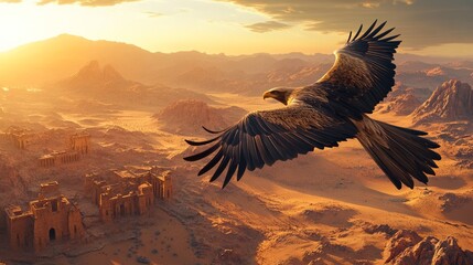 Naklejka premium a majestic eagle soaring above a sprawling desert landscape