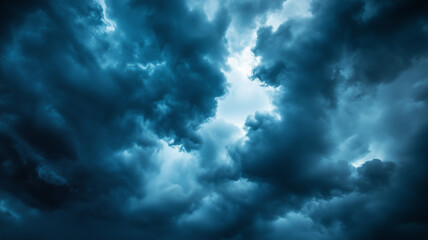 Fototapeta premium A real photo of a stormy sky, filled with heavy, dark blue thunderclouds. The texture and depth of the clouds create a visually striking composition with negative space for text or graphics (1)