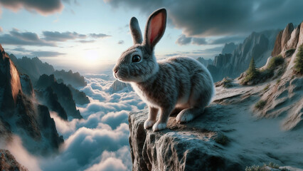 A Wild Rabbit Amidst a Mountain Forest, Ideal for Wildlife and Landscape Wall Art Enthusiasts