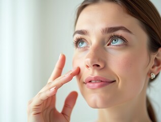 photo of a young European woman with a slight smile, pointing to the wrinkles on her upper eyelid with her index finger, gently touching her face with a concerned expression.
