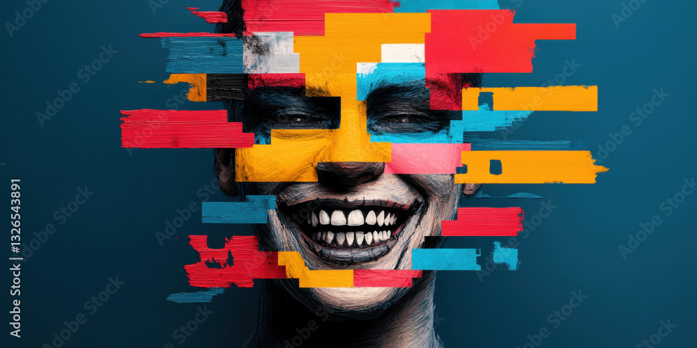 Poster a surreal image of a distorted smile emerging from chaotic layers, showcasing high fidelity and intr