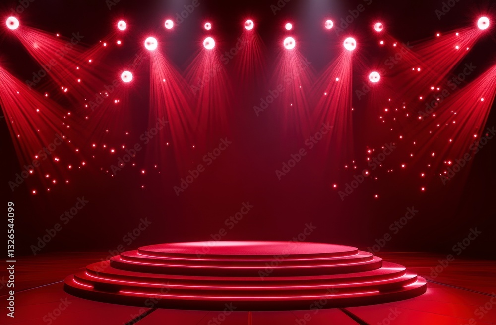 Poster illuminated stage platform with red spotlights for event presentation concept