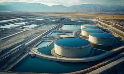 an industrial site featuring large water tanks and reservoirs amidst a vast, arid landscape. The image depicts a modern industrial facility, likely involved in water treatment or storage.
