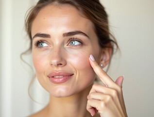 photo of a young European woman with a slight smile, pointing to the wrinkles on her upper eyelid with her index finger, gently touching her face with a concerned expression.