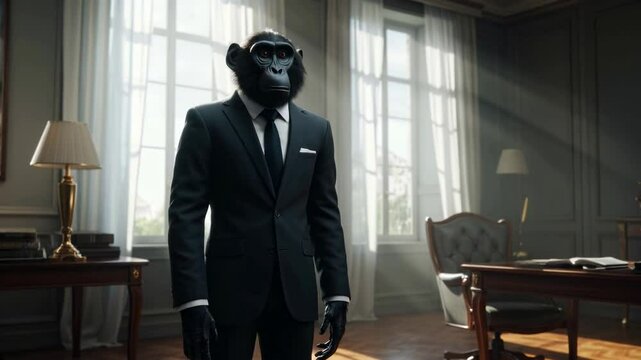 A suited figure with a monkey mask stands in a sophisticated office, surrounded by elegant decor - a black monkey