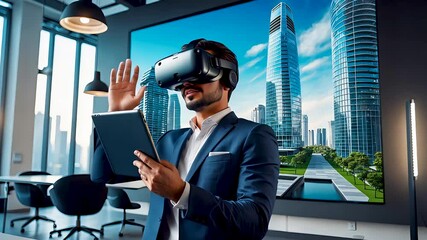 Businessman using VR headset in a futuristic office for virtual reality business presentation and collaboration
 - Powered by Adobe