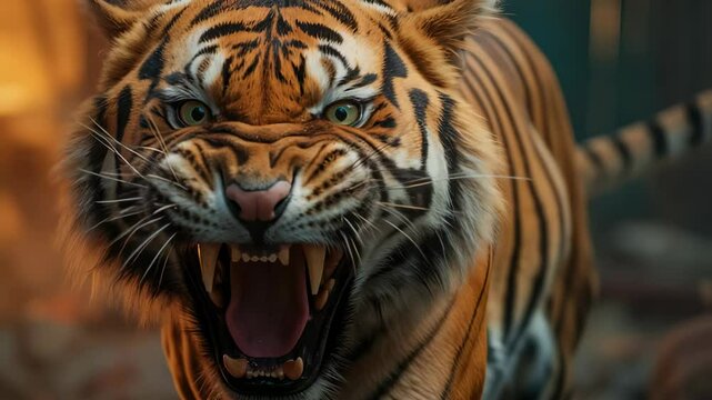 Roaring Tiger Close-up, Wildlife Style, Aggression Concept, for Documentaries, Film Projects, Macro View