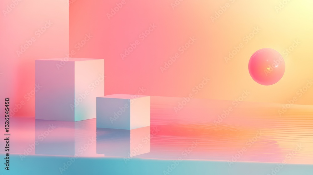 Poster pastel pink and yellow gradient background with floating sphere and white cubes reflecting on a glos