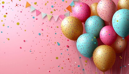 Happy birthday background with colorful balloons and party flags vector illustration style. 