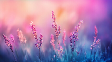 Obraz premium Colorful pastel flowers in a meadow, spring wildflowers, pastel background for cosmetics, spa, perfume, beauty salon, florist shop, health care product, homeopathy, aromatherapy