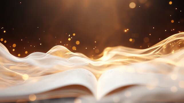Open book with glowing, magical, ethereal light and particles, suggesting knowledge, wisdom, or fantasy.
