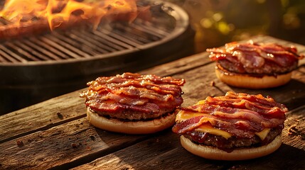 Juicy bbq bacon burger grilled to perfection on a rustic grill surrounded by fresh ingredients for a flavorful meal