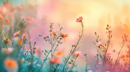 Colorful pastel flowers in a meadow, spring wildflowers, pastel background for cosmetics, spa, perfume, beauty salon, florist shop, health care product, homeopathy, aromatherapy