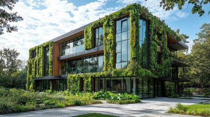Modern green building with living wall, glass facade, and landscaped gardens.