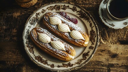 Elegant plate of custard-filled eclairs accompanied by a steaming cup of rich, aromatic coffee on a fine table