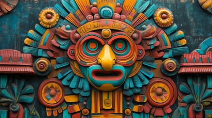 Obraz premium Intricate Colorful Aztec Mosaic Sculpture Depicting Mythical Face on Wall Decor