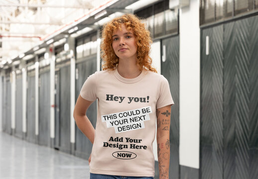 Redhead woman wearing t-shirt for mockup