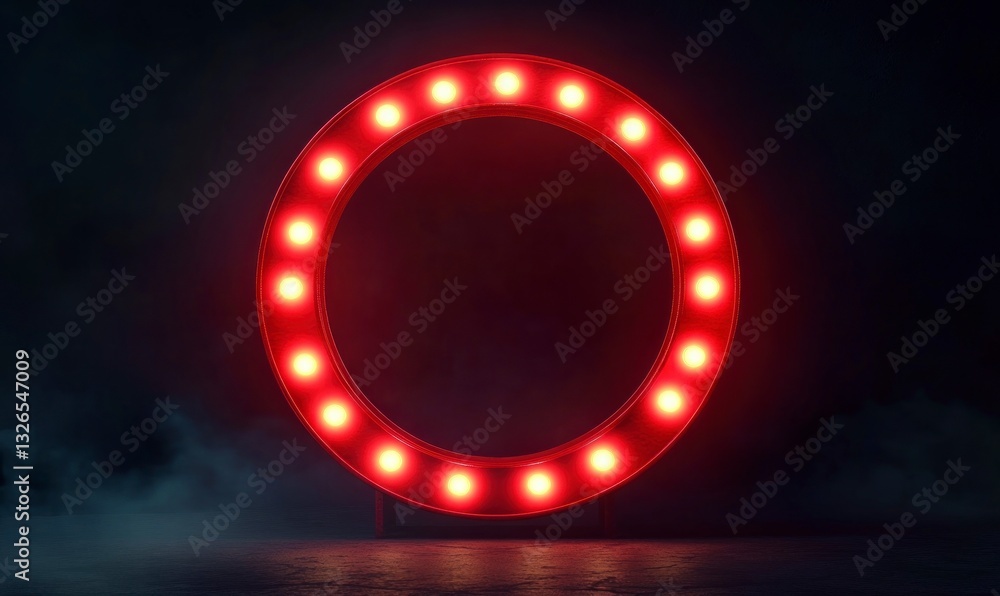 Poster glowing red circle frame with bulbs on dark moody background