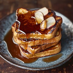 Tall stack of fluffy pancakes drizzled with maple syrup and garnished with sweet slices for a perfect breakfast