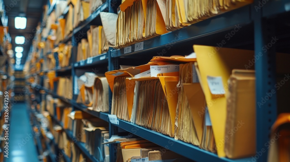 Poster a cluttered archive filled with yellowed file folders neatly arranged on shelves, conveying a sense 