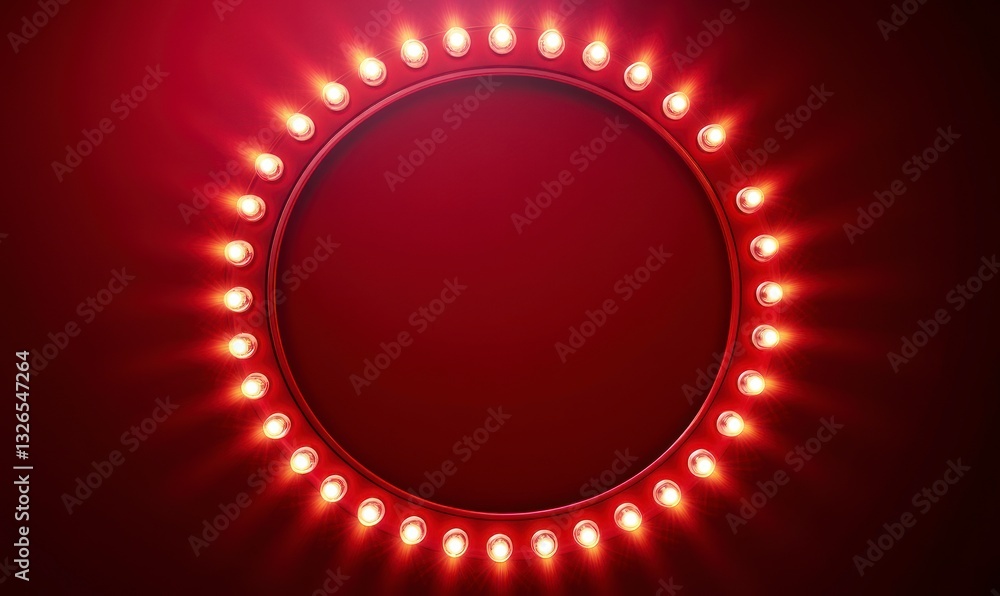 Poster illuminated circular frame with glowing bulbs against a dark red background
