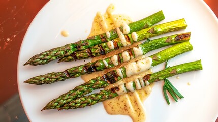 Grilled asparagus stacked beautifully on a plate garnished with olive oil and sea salt for a delicious healthy meal