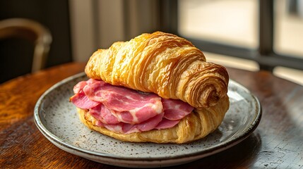 A delicious croissant sandwich with savory fillings layered inside flaky pastry for a gourmet breakfast delight