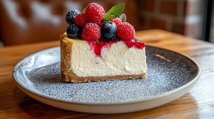 A slice of delicious cheesecake on a plate topped with fresh berries and a drizzle of sweet sauce for dessert