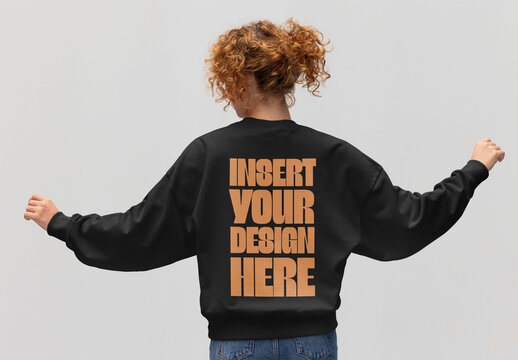 Redhead Woman in Oversized Jumper Showcasing Fashion Style. Back view.PSD ready to customize with your design
