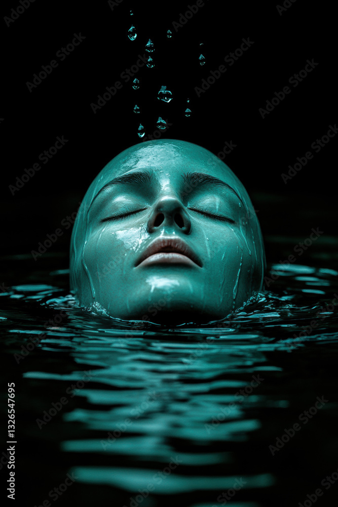 Poster a mysterious faceless figure drips into a dark pool, evoking a sense of intrigue and unease in high 