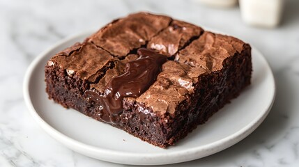 A plate of decadent molten chocolate brownies freshly baked with gooey center and rich chocolate topping