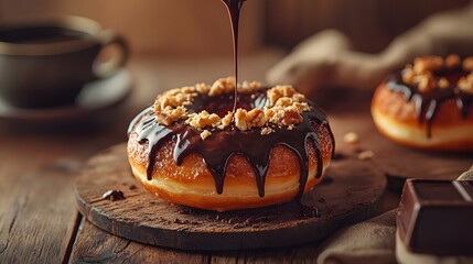 Decadent cronut hybrid pastry covered in rich chocolate and filled with cream for a unique and tempting dessert experience