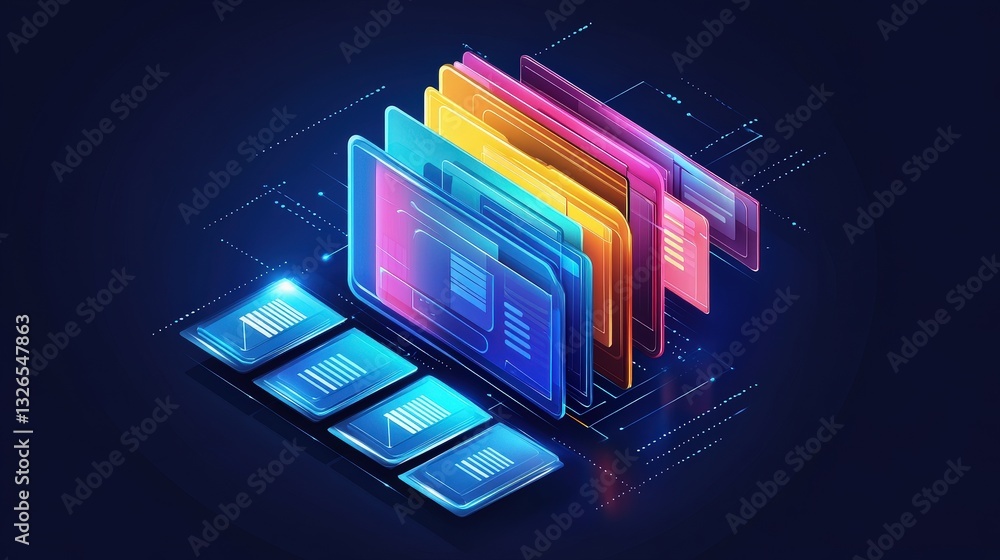 Poster a vibrant digital illustration depicting layered file icons with glowing elements, symbolizing data 
