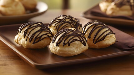 Plate of cream puffs with irresistible chocolate drizzle and a light dusting of powdered sugar for a decadent treat