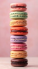 Vibrant stack of colorful macarons displayed elegantly on a white background for a stunning dessert presentation