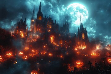 Naklejka premium Haunted Castle and Pumpkin Graveyard under Full Moon Halloween Night