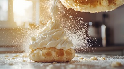Close-up of cream puff pastry being filled with light and fluffy cream filling ready for tasty enjoyment