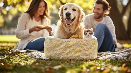 Happy golden retriever and kitten with couple having picnic in park