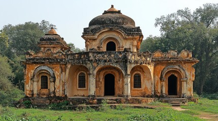 Fototapeta premium Ancient weathered stone building, arched doorways, dome, overgrown foliage.