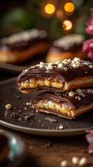 Delicious plate of chocolate covered donuts drizzled with chocolate and sprinkled with colorful toppings