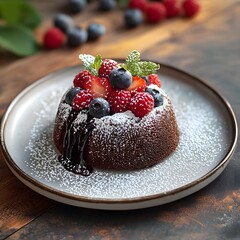A luxurious chocolate lava cake topped with fresh berries and served on a plate for an exquisite dessert experience