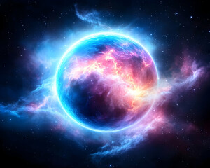 Obraz premium A vibrant, otherworldly planet surrounded by swirling nebulae