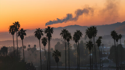 Obraz premium Sunset over the mountains and river with tropical palm trees and ocean in the background