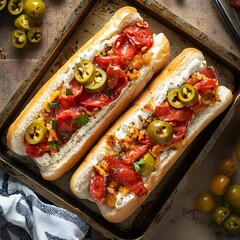 Two grilled hot dogs generously topped with fresh ingredients and served on a rustic wooden surface for enjoyment