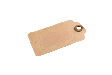 A blank kraft paper tag with a reinforced hole, evoking simplicity, minimalism, and eco-friendly aesthetics for handmade or organic products, isolated on a transparent background