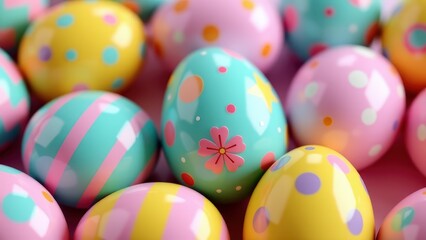 Fototapeta premium Colorful Easter eggs, vibrant patterns, top down flat lay close-up view