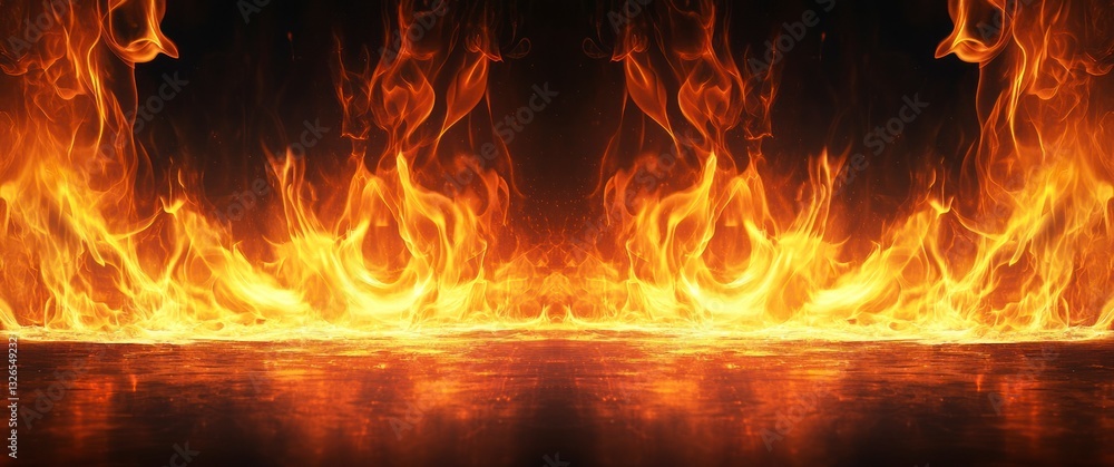 Aufkleber burning flames creating a fiery backdrop with reflected floor surface