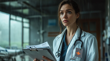 A thoughtful female doctor holding a medical chart, with a grey ribbon attached to her lab coat, symbolizing awareness for aphasia, asthma, and borderline personality disorder (1)